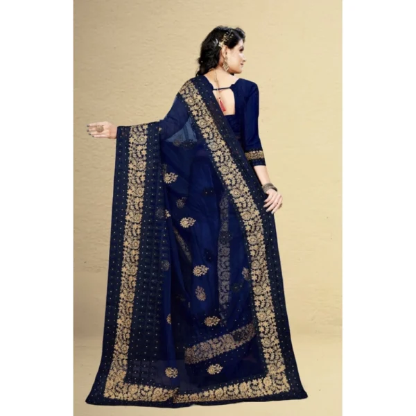 Net Saree With Blouse (Navy Blue, 5-6Mtrs) - Image 2