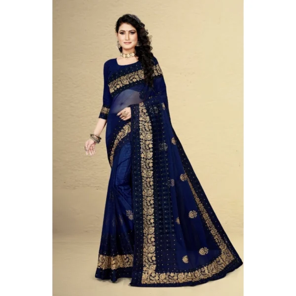 Net Saree With Blouse (Navy Blue, 5-6Mtrs) - Image 5