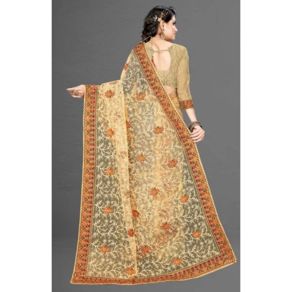 Net Saree With Blouse (Chiku, 5-6Mtrs) - Image 3