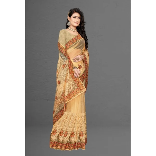 Net Saree With Blouse (Chiku, 5-6Mtrs) - Image 2