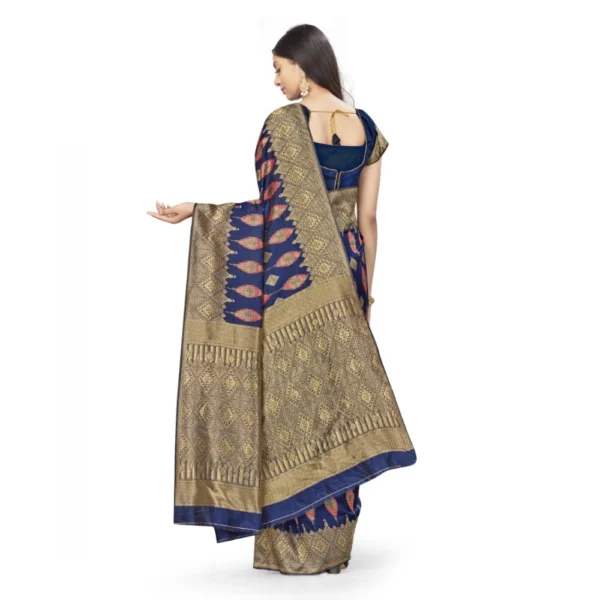 Banarasi Silk Saree With Blouse (Navy Blue, 5-6Mtrs) - Image 3