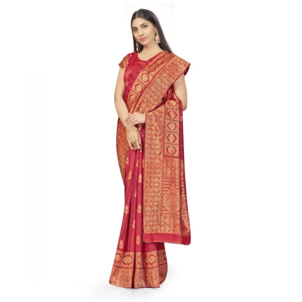 Banarasi Silk Saree With Blouse (Peach, 5-6Mtrs) - Image 2
