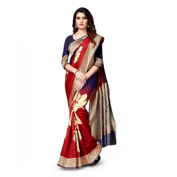 Banarasi Silk Saree With Blouse (Navy Blue, Red, 5-6Mtrs) - Image 3