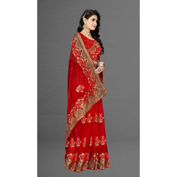 Net Saree With Blouse (Red, 5-6Mtrs) - Image 3