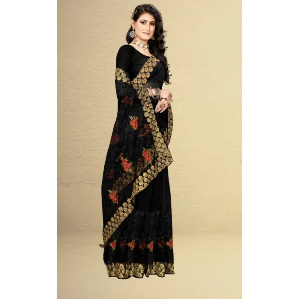 Net Saree With Blouse (Black, 5-6Mtrs) - Image 3