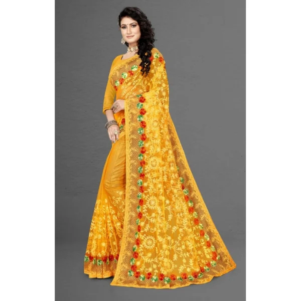 Net Saree With Blouse (Yellow, 5-6Mtrs) - Image 4