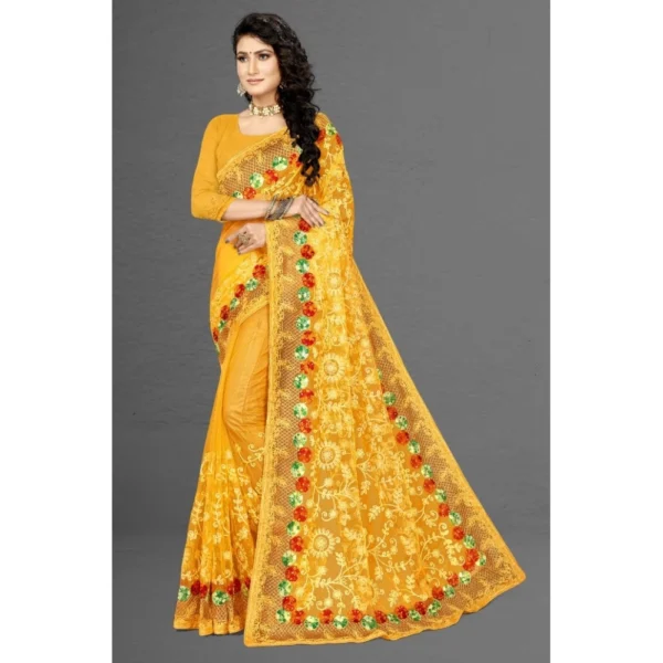 Net Saree With Blouse (Yellow, 5-6Mtrs) - Image 5
