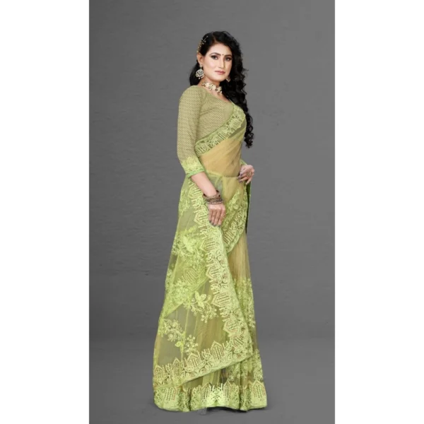 Net Saree With Blouse (Pista Green, 5-6Mtrs) - Image 3