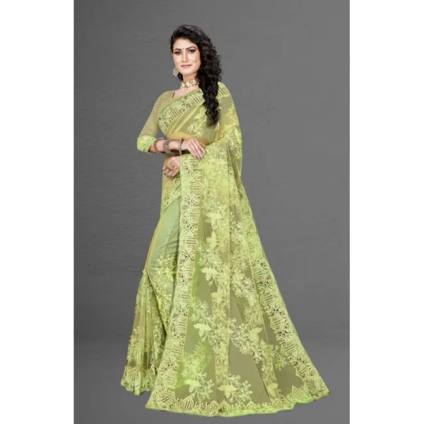 Net Saree With Blouse (Pista Green, 5-6Mtrs) - Image 4
