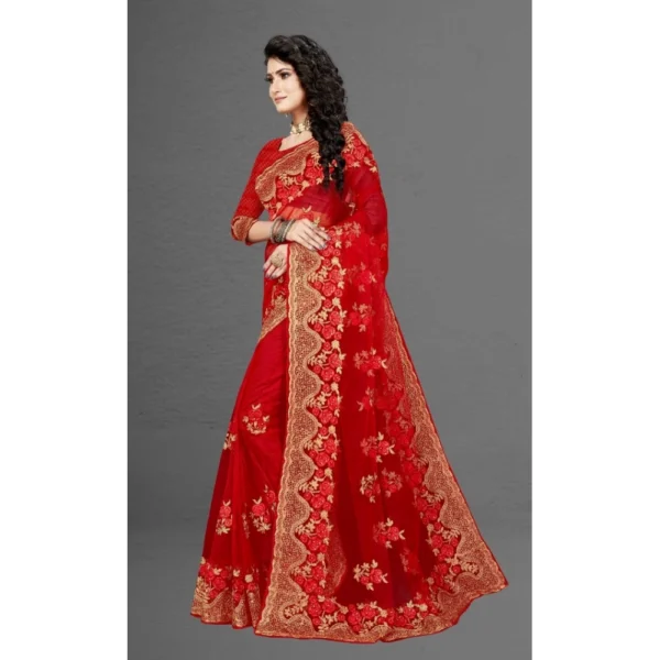 Net Saree With Blouse (Red, 5-6Mtrs) - Image 4