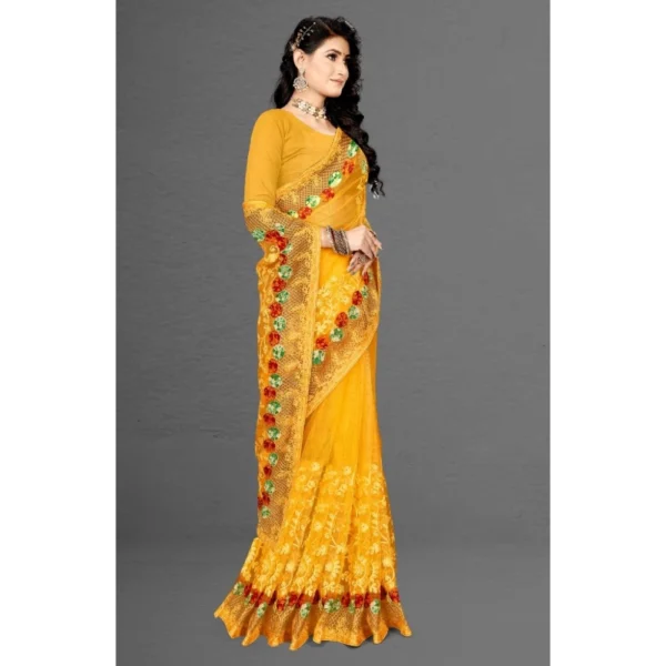 Net Saree With Blouse (Yellow, 5-6Mtrs) - Image 3