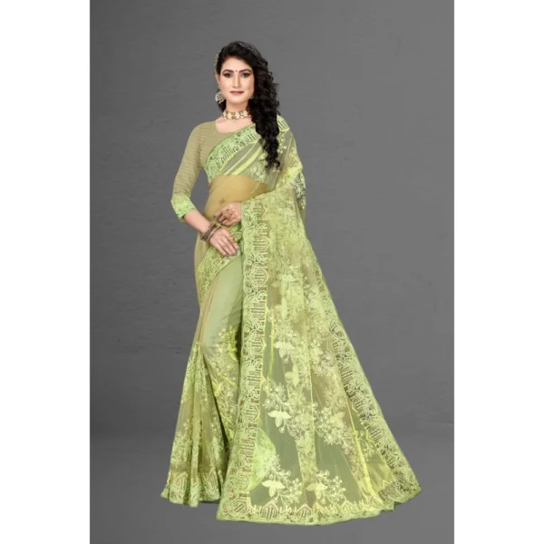 Net Saree With Blouse (Pista Green, 5-6Mtrs) - Image 5