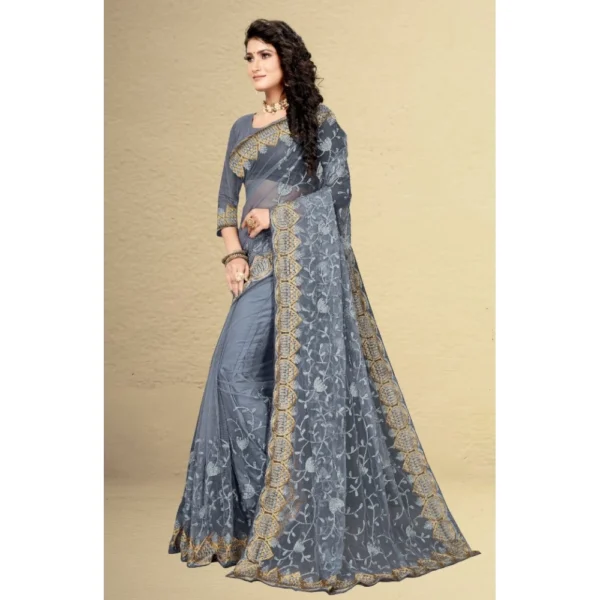 Net Saree With Blouse (Grey, 5-6Mtrs) - Image 4
