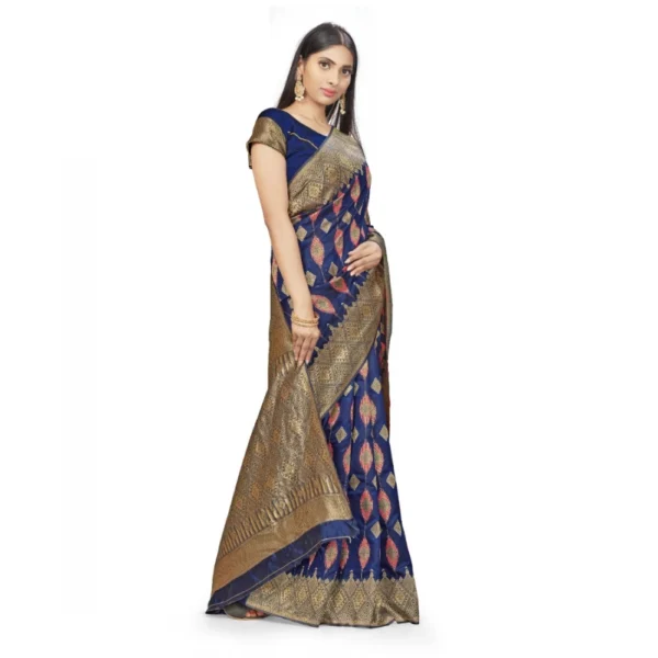 Banarasi Silk Saree With Blouse (Navy Blue, 5-6Mtrs) - Image 2