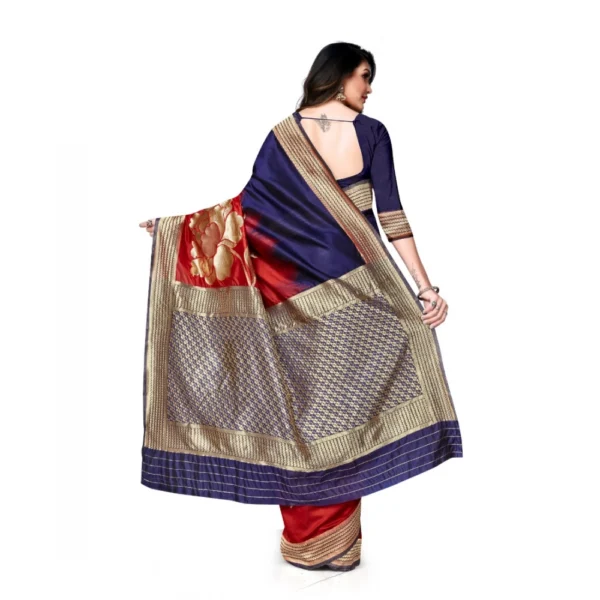 Banarasi Silk Saree With Blouse (Navy Blue, Red, 5-6Mtrs) - Image 2