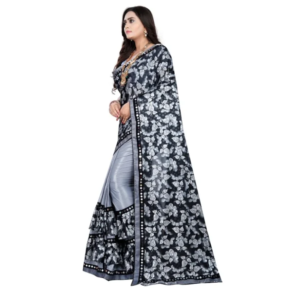 Lycra Blend Saree with Blouse (Grey, 5-6 Mtrs) - Image 3