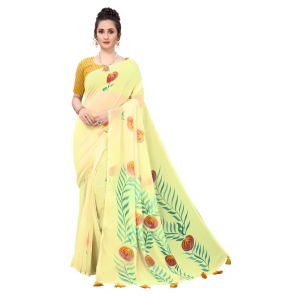 Georgette Floral Hand Printed Sarees (Yellow, 5-6 Mtrs) - Image 2