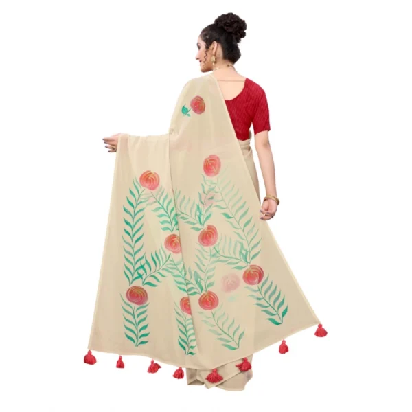 Georgette Floral Hand Printed Sarees (Beige, 5-6 Mtrs) - Image 4