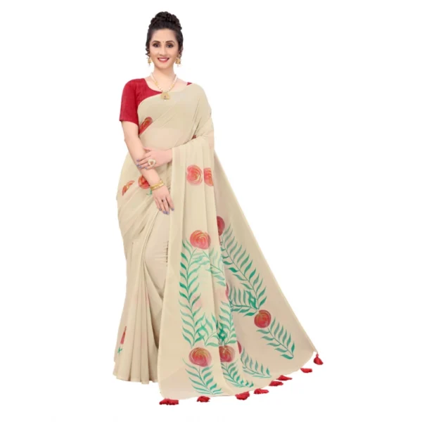 Georgette Floral Hand Printed Sarees (Beige, 5-6 Mtrs)