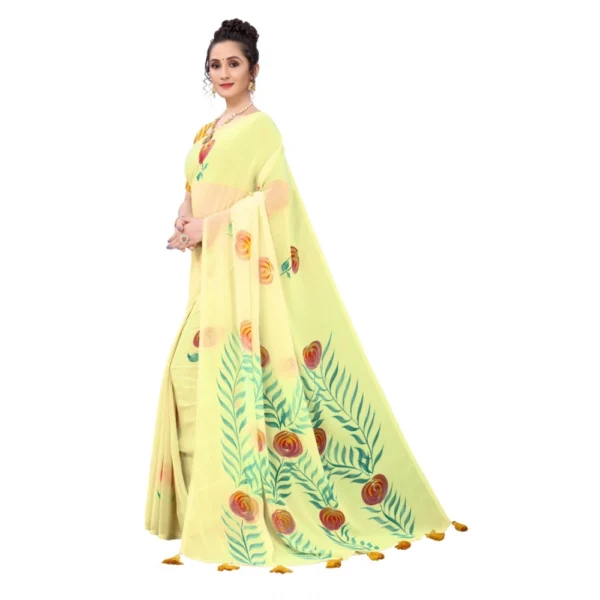 Georgette Floral Hand Printed Sarees (Yellow, 5-6 Mtrs) - Image 3