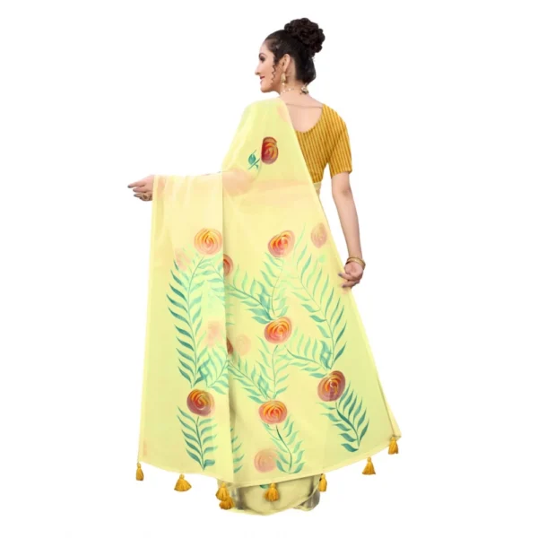 Georgette Floral Hand Printed Sarees (Yellow, 5-6 Mtrs) - Image 4