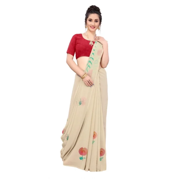 Georgette Floral Hand Printed Sarees (Beige, 5-6 Mtrs) - Image 3