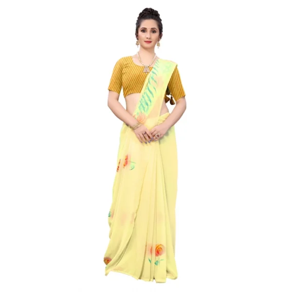 Georgette Floral Hand Printed Sarees (Yellow, 5-6 Mtrs)