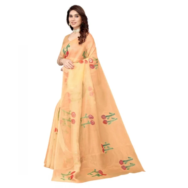 Organza Floral Pattern Sarees (Orange, 5-6 Mtrs) - Image 4
