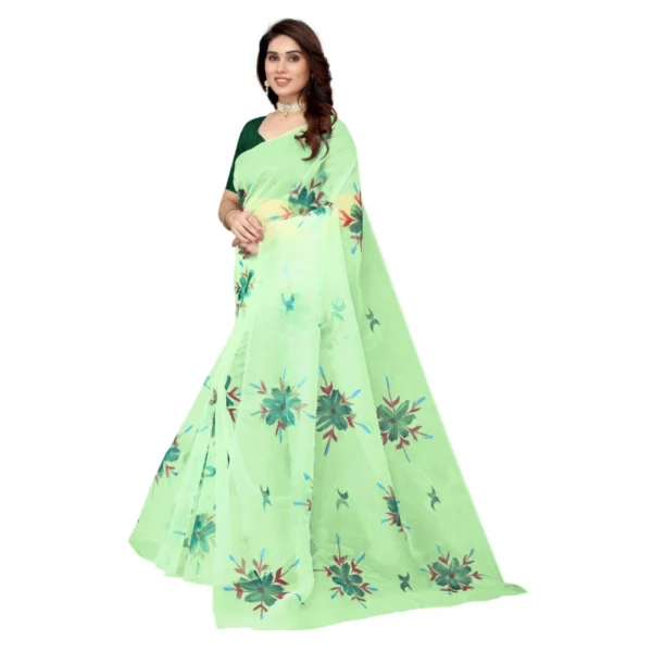 Organza Floral Pattern Sarees (Parrot Green, 5-6 Mtrs) - Image 4