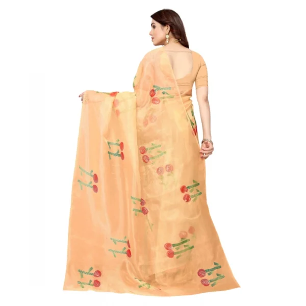 Organza Floral Pattern Sarees (Orange, 5-6 Mtrs) - Image 3