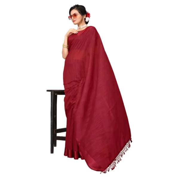 Cotton Blend Stripe Pattern Sarees (Maroon, 5-6 Mtrs) - Image 3