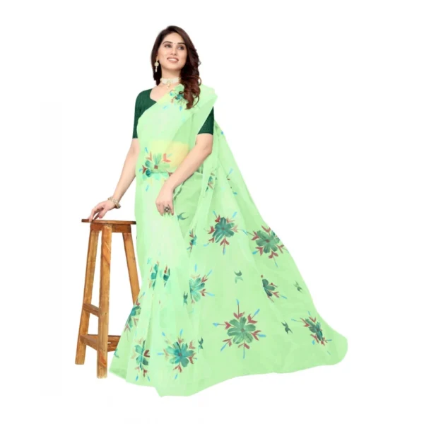 Organza Floral Pattern Sarees (Parrot Green, 5-6 Mtrs) - Image 3