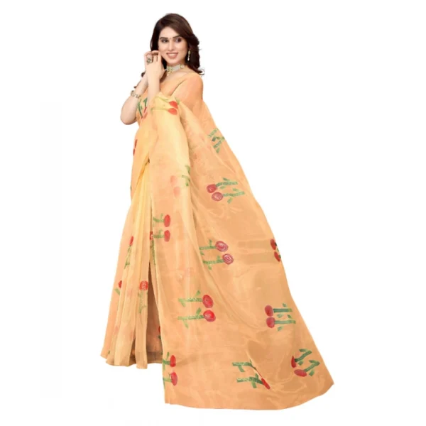 Organza Floral Pattern Sarees (Orange, 5-6 Mtrs) - Image 2