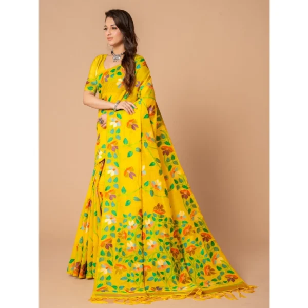 Generic Women's Cotton Printed Saree With Unstitched Blouse (Yellow, 5-6 Mtrs) - Image 2