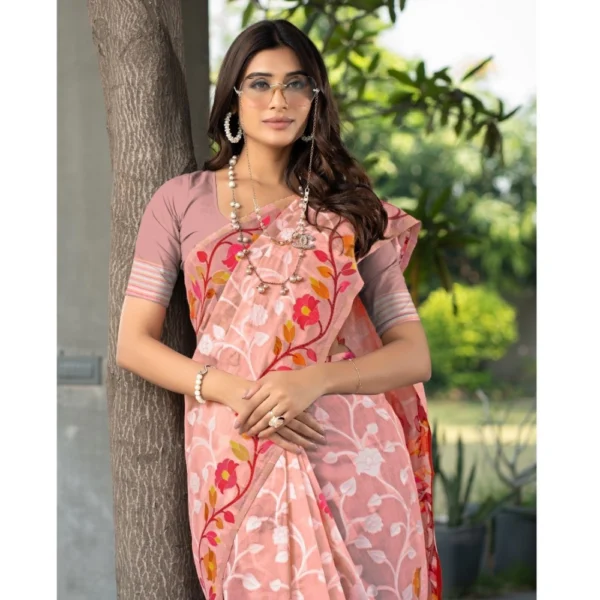 Generic Women's Cotton Printed Saree With Unstitched Blouse (Peach, 5-6 Mtrs) - Image 4
