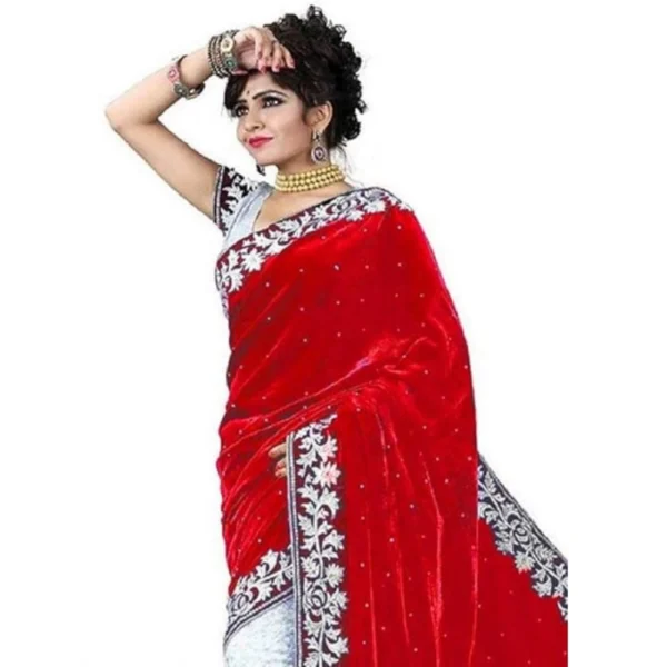 Velvet Embroidered Saree With Unstitched Blouse (Red, 5.5 Mtr) - Image 3