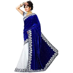 Velvet Embroidered Saree With Unstitched Blouse (Blue, 5.5 Mtr)