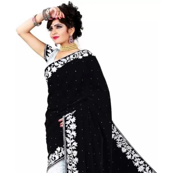 Velvet Embroidered Saree With Unstitched Blouse (Black, 5.5 Mtr) - Image 3