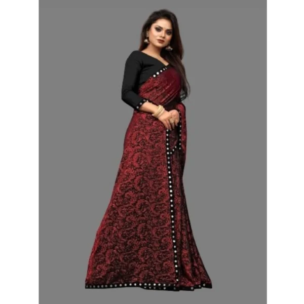 Lycra Solid Saree With Unstitched Blouse (Maroon, 5.5 Mtr) - Image 3