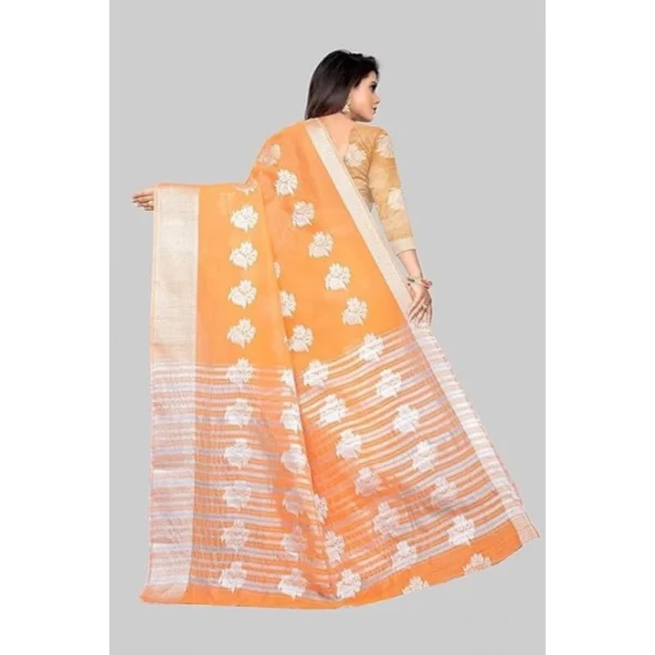 Cotton Silk Floral Saree With Unstitched Blouse (Orange, 5.5 Mtr) - Image 3