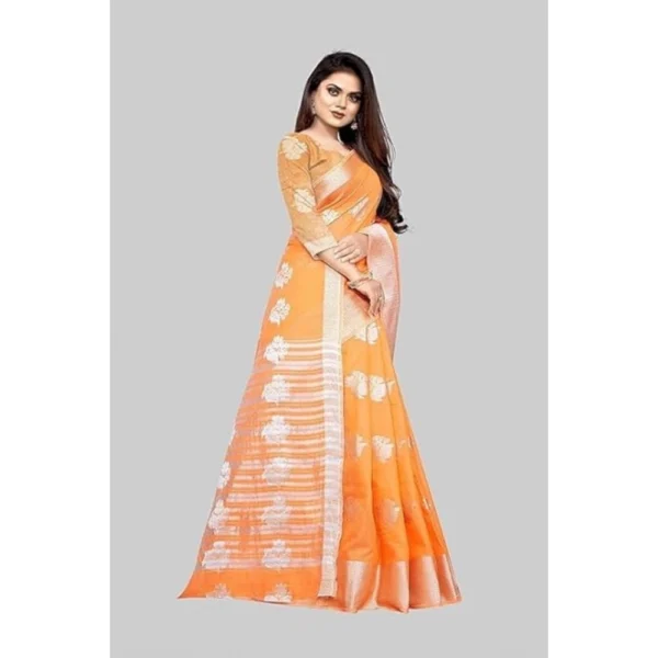 Cotton Silk Floral Saree With Unstitched Blouse (Orange, 5.5 Mtr) - Image 4