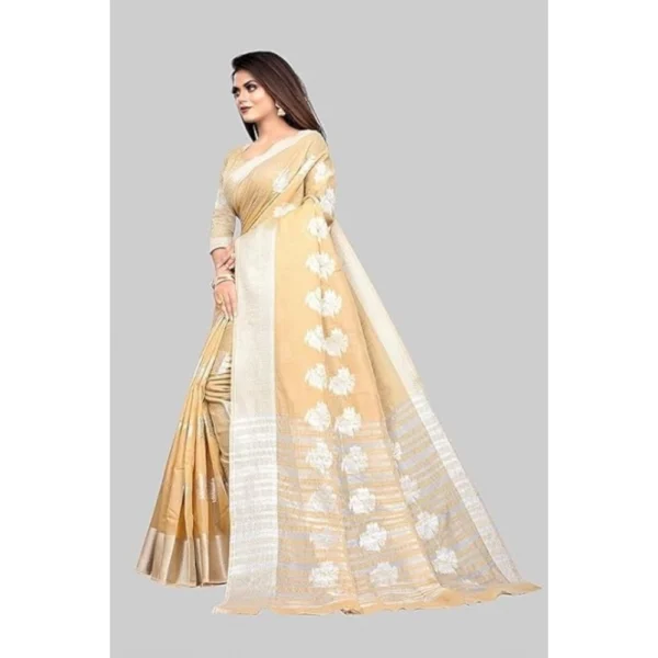 Cotton Silk Floral Saree With Unstitched Blouse (Beige, 5.5 Mtr) - Image 5