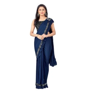 Lycra Solid Saree With Unstitched Blouse (Nay Blue, 5.5 Mtr)