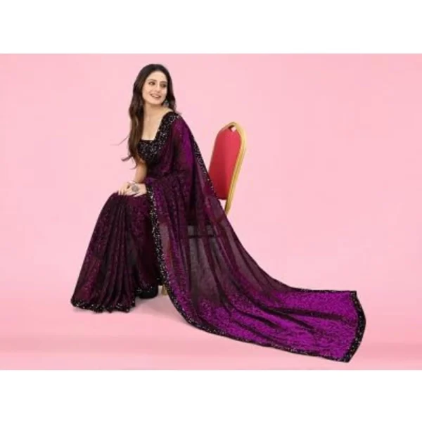 Lycra Floral Saree With Unstitched Blouse (Wine, 5.5 Mtr) - Image 3