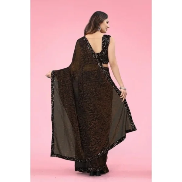 Lycra Floral Saree With Unstitched Blouse (Brown, 5.5 Mtr) - Image 3