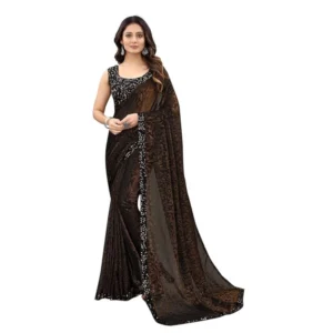 Lycra Floral Saree With Unstitched Blouse (Brown, 5.5 Mtr)