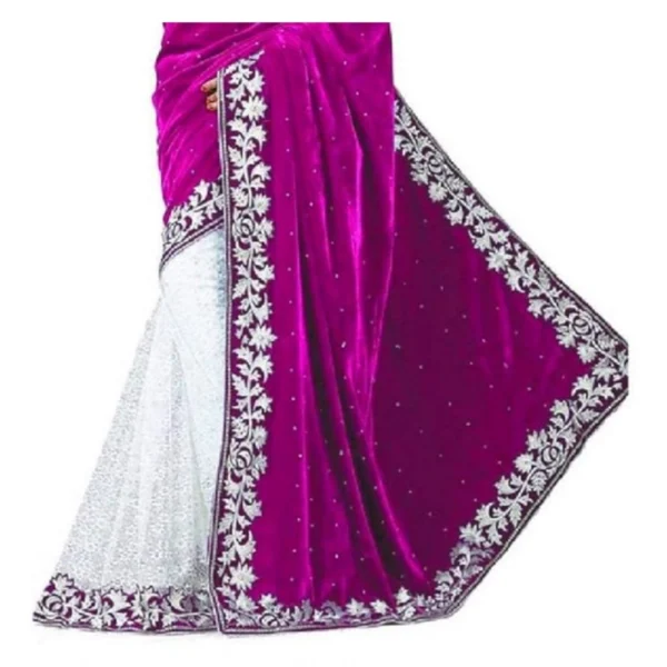 Velvet Embroidered Saree With Unstitched Blouse (Pink, 5.5 Mtr) - Image 3