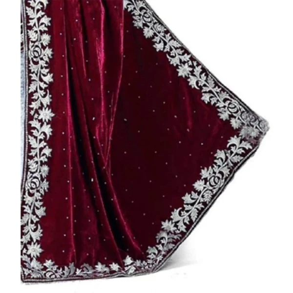 Velvet Embroidered Saree With Unstitched Blouse (Maroon, 5.5 Mtr) - Image 2