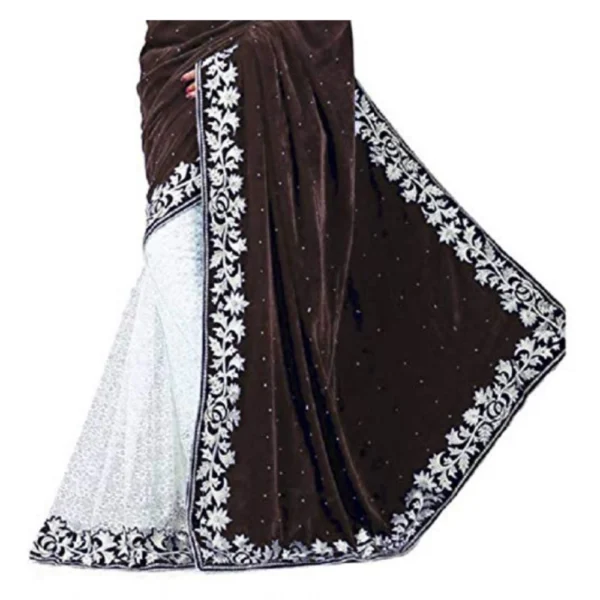 Velvet Embroidered Saree With Unstitched Blouse (Brown, 5.5 Mtr) - Image 3