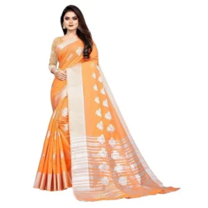 Cotton Silk Floral Saree With Unstitched Blouse (Orange, 5.5 Mtr)